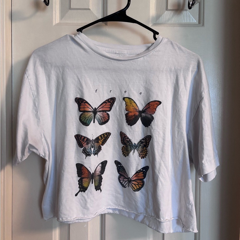 White T-Shirt with Colorful Butterfly Print